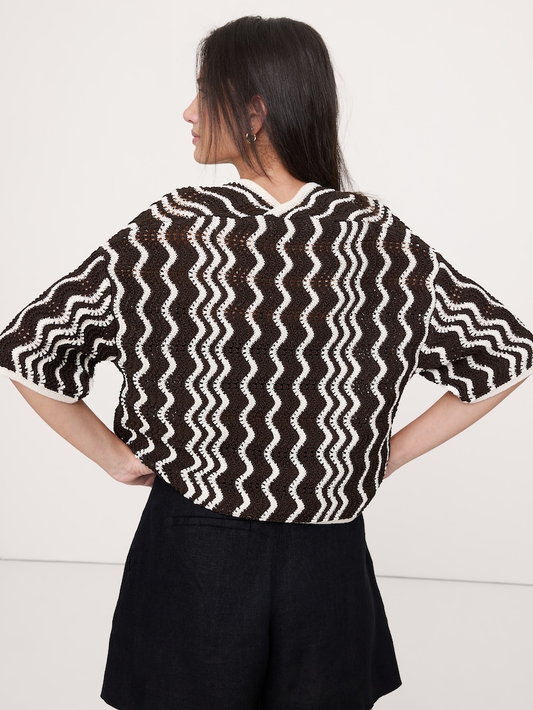 Cotton Scallop Stripe Tie-Front Cardigan