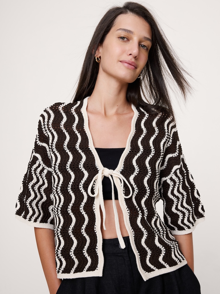 Cotton Scallop Stripe Tie-Front Cardigan