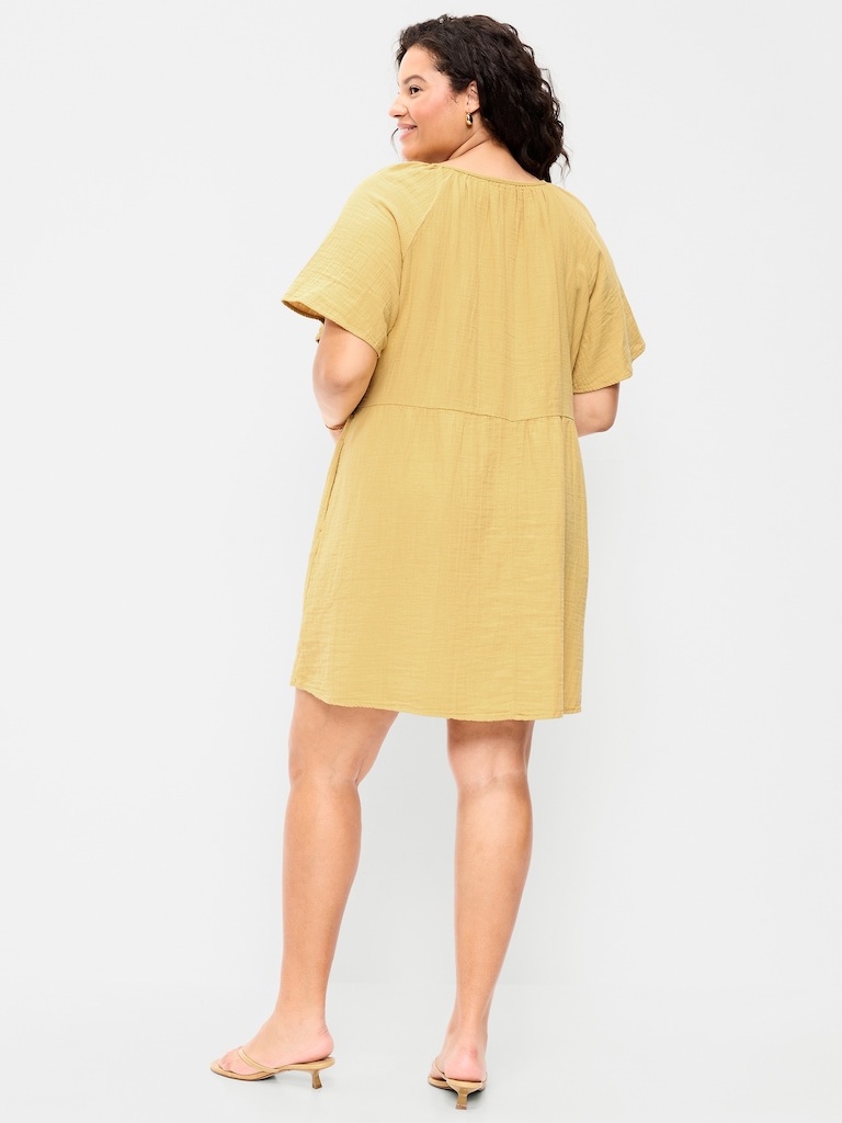 Crinkle Gauze Flutter-Sleeve Mini Swing Dress
