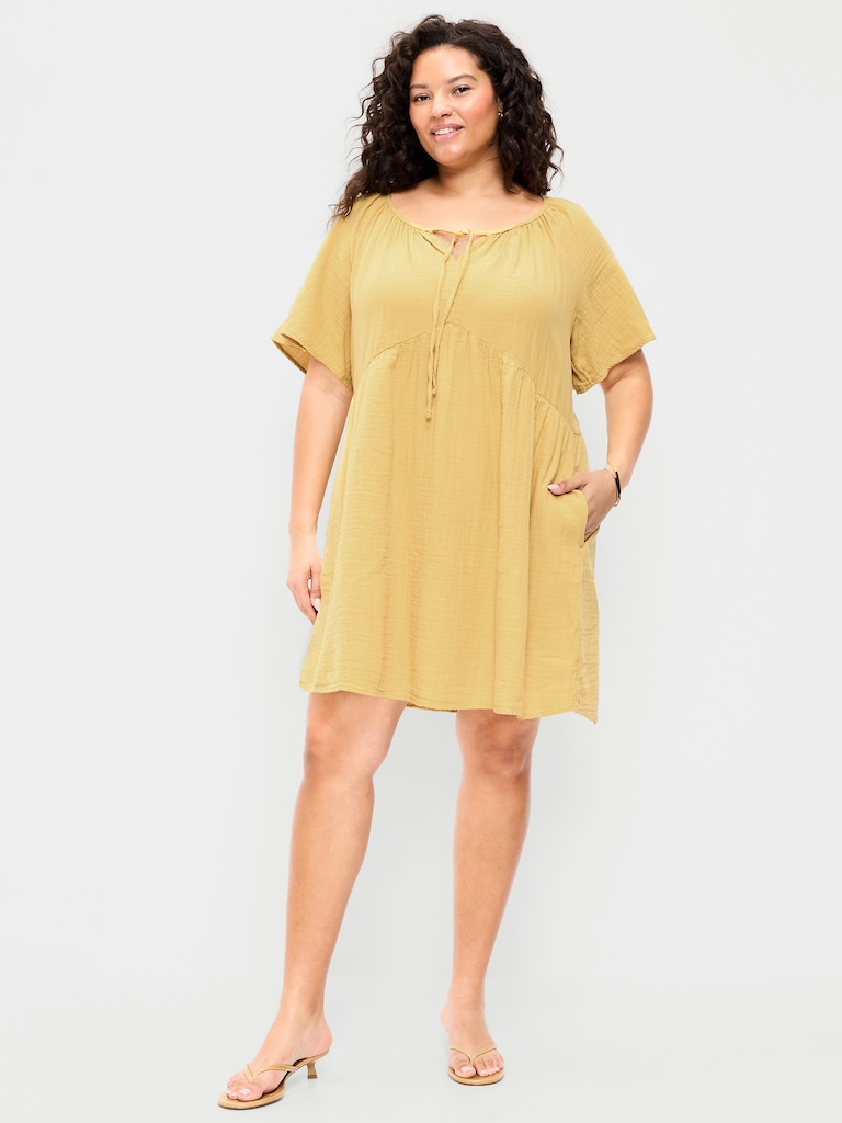 Crinkle Gauze Flutter-Sleeve Mini Swing Dress