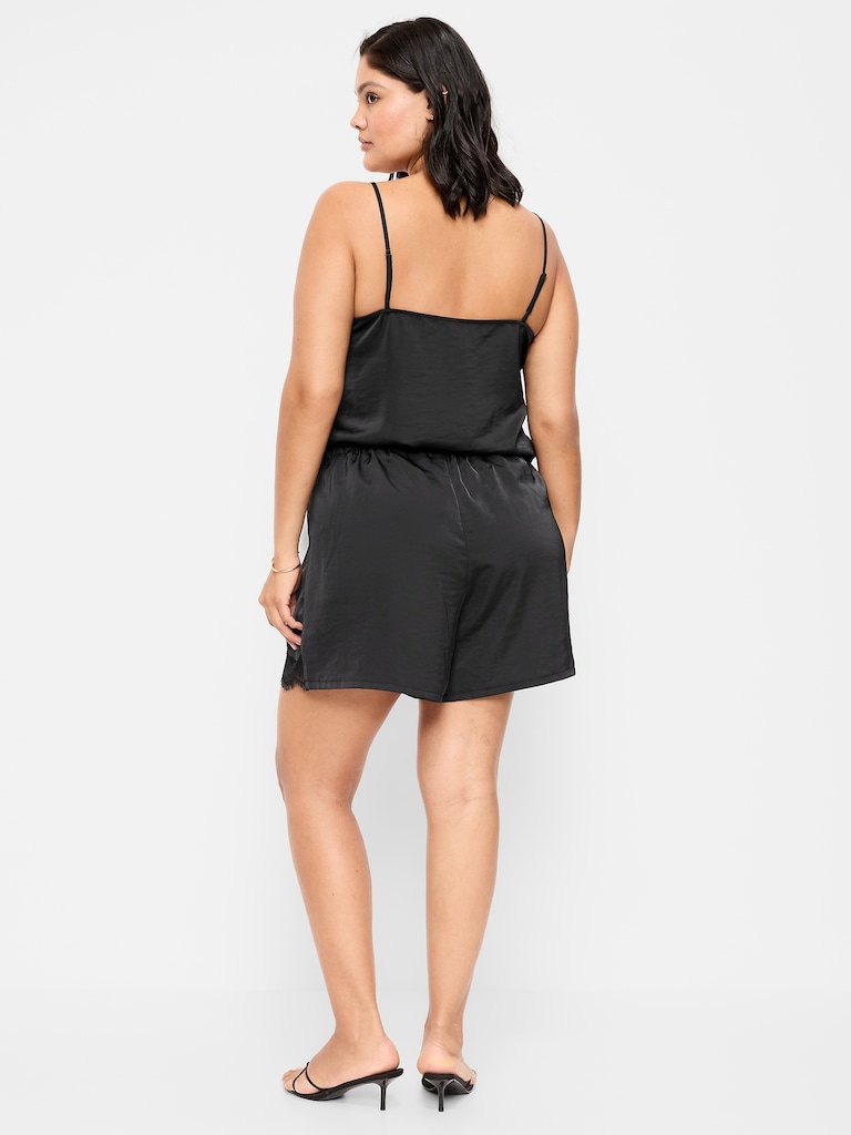 High-Waisted Lace-Trim Satin Shorts