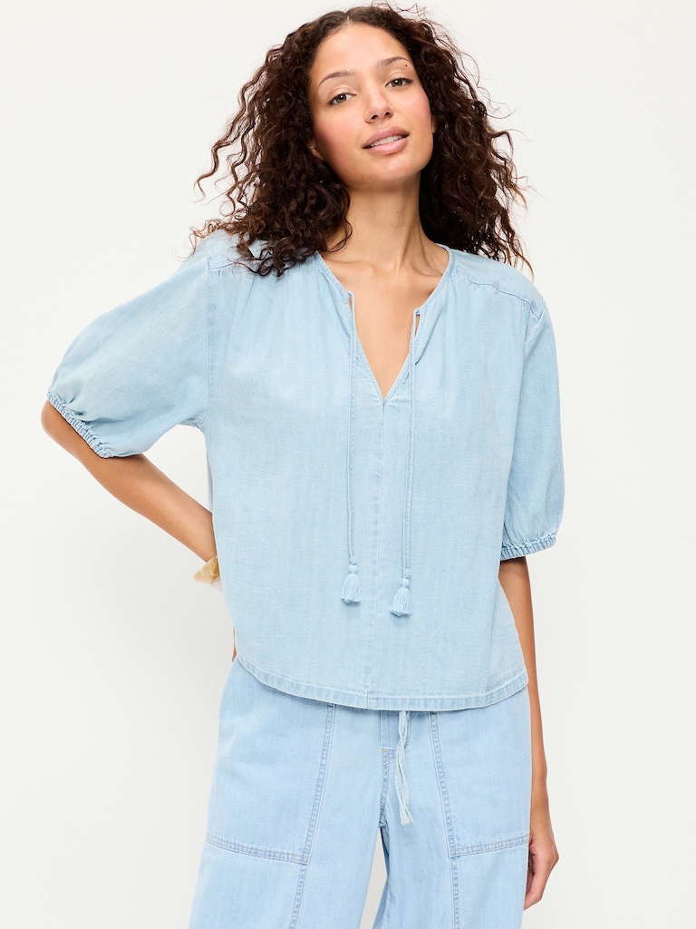 Short-Sleeve Beaded Denim Top