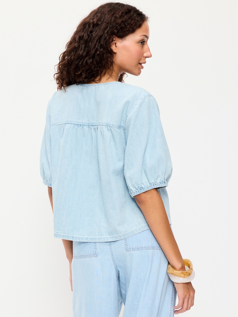 Short-Sleeve Beaded Denim Top