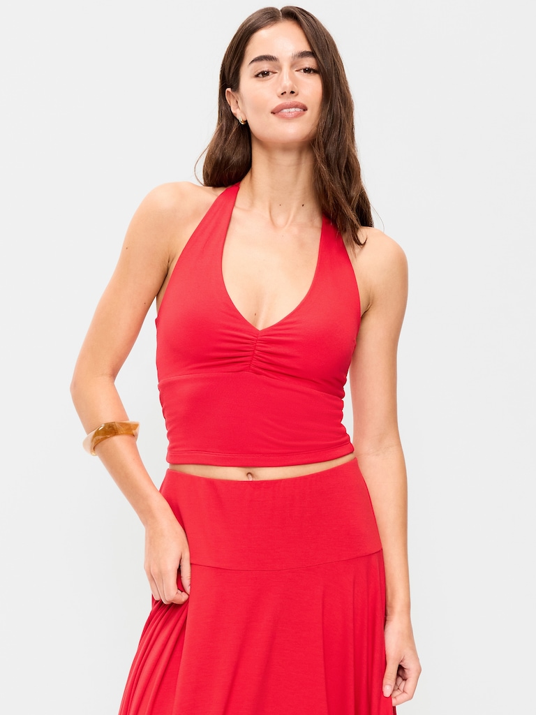 Short-Sleeve Jersey Smocked-Front Top