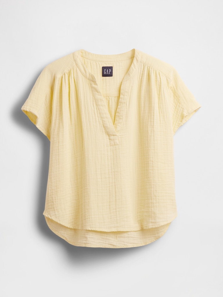 Cotton Gauze Oversized Split-Neck Top