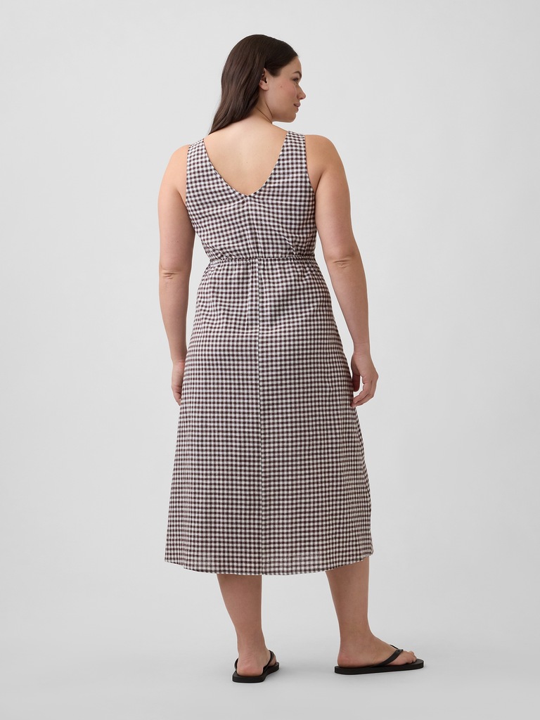 Linen-Blend V-Neck Midi Dress