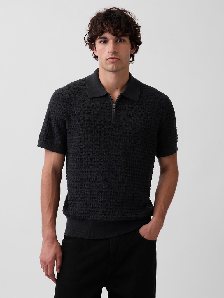 Textured Zip Polo Sweater Shirt