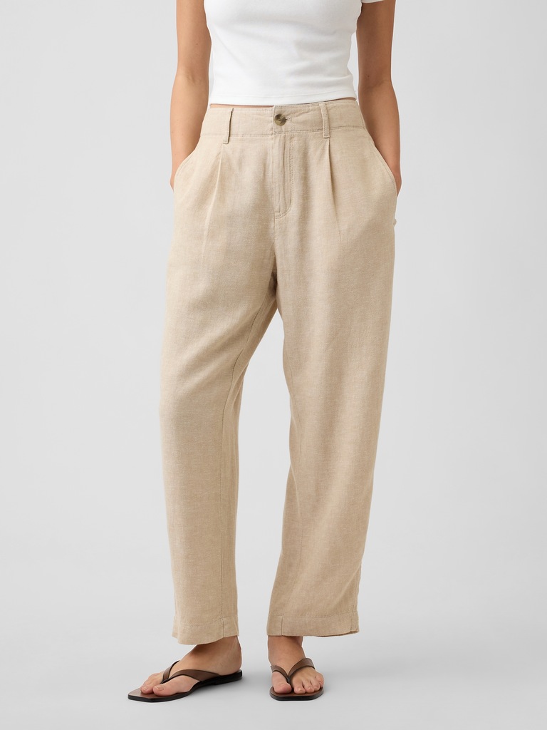 High Rise Linen-Blend Barrel Pants