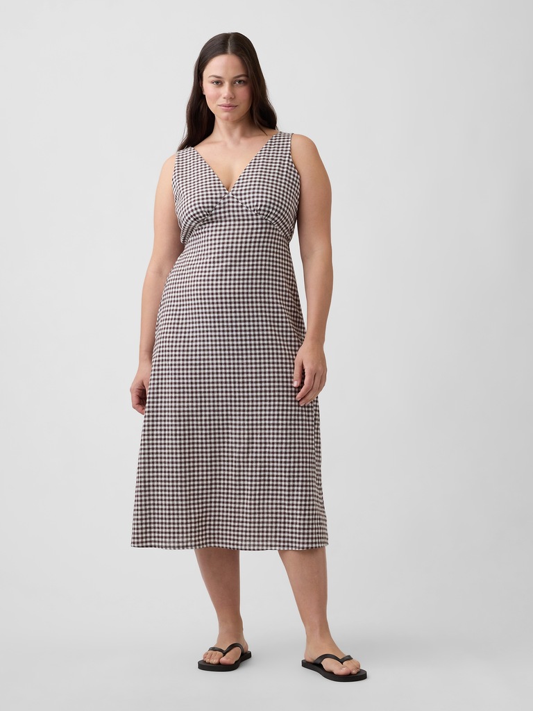 Linen-Blend V-Neck Midi Dress