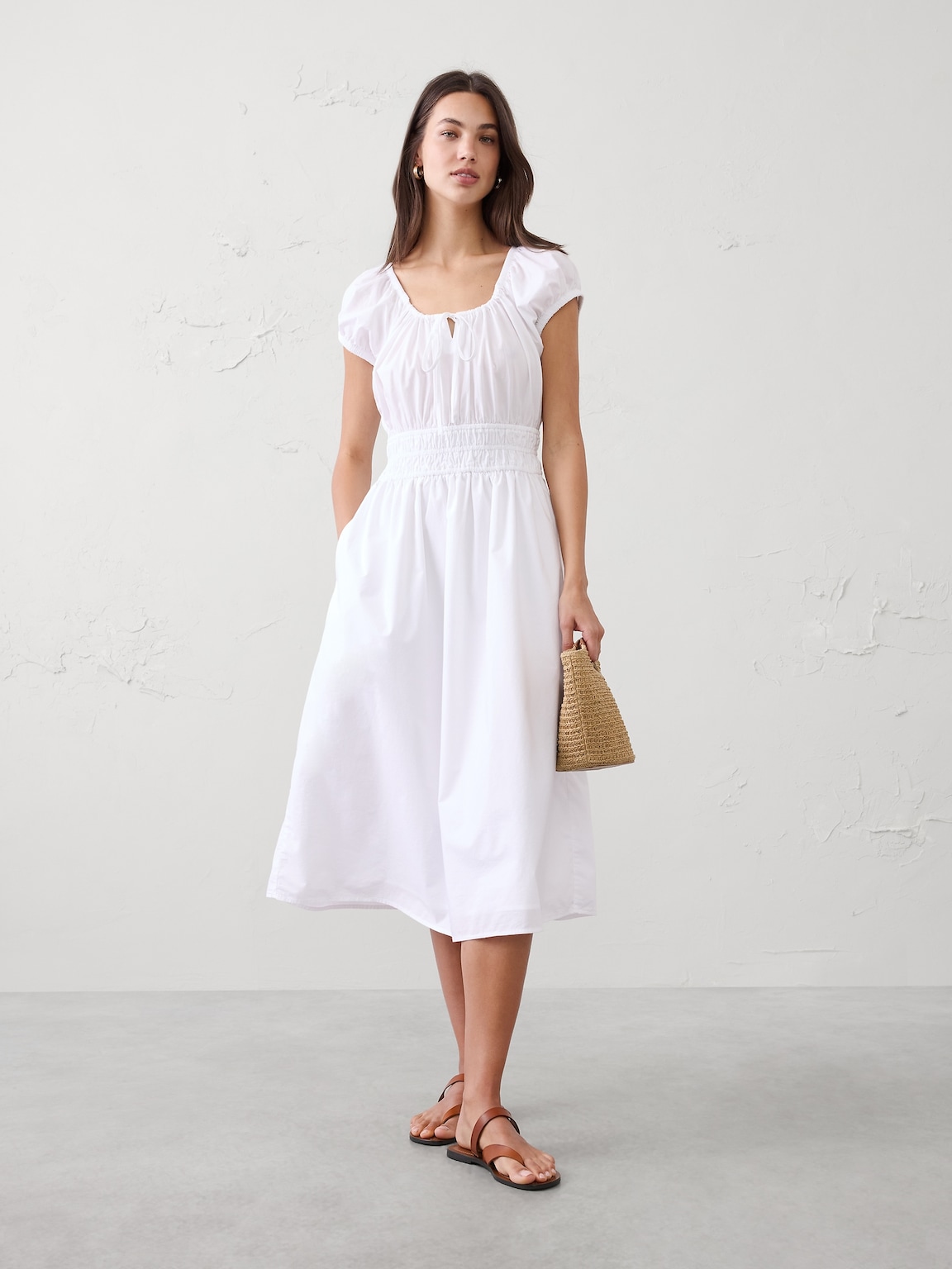 Poplin Gathered-Neck Midi Dress