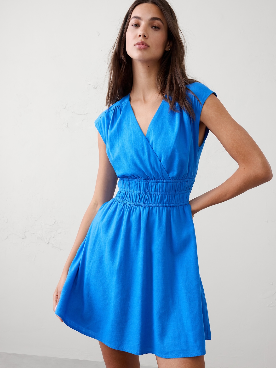 Linen-Blend Smocked-Waist Mini Dress