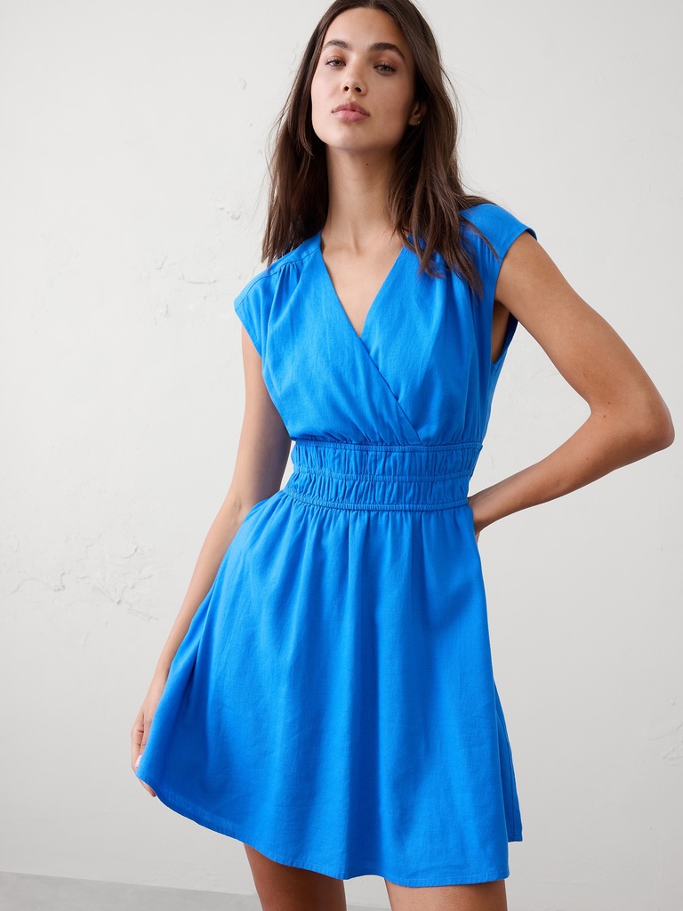 Linen-Blend Smocked-Waist Mini Dress