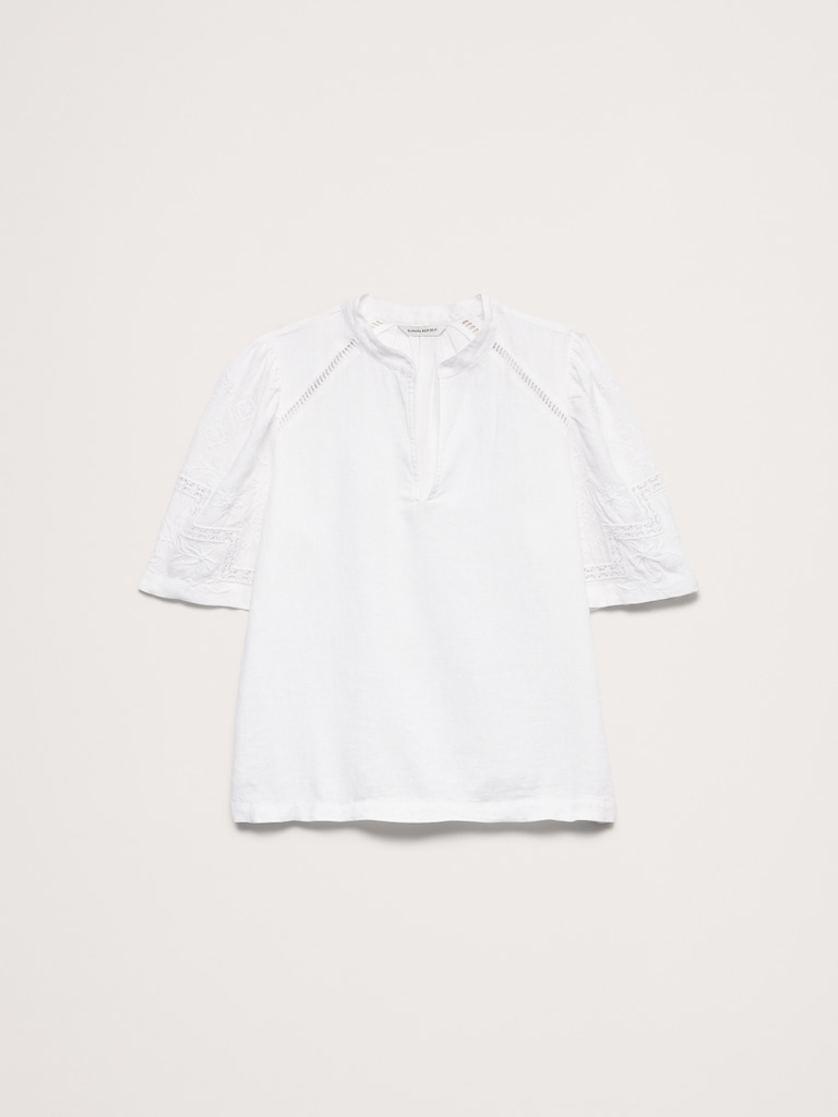 Embroidered Linen Puff-Sleeve Top