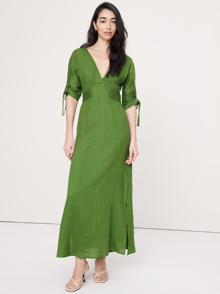 Linen Tie-Sleeve Midi Dress