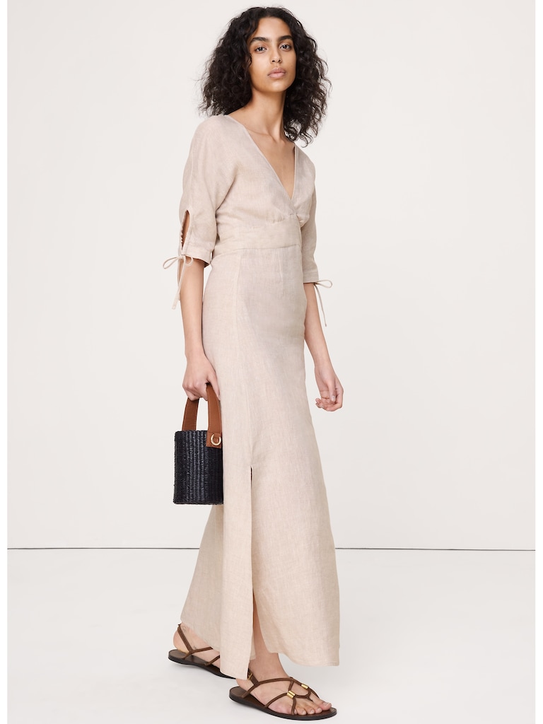 Linen Tie-Sleeve Midi Dress