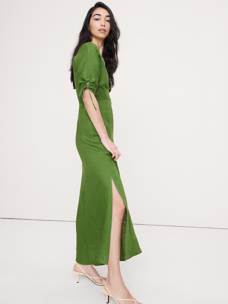 Linen Tie-Sleeve Midi Dress