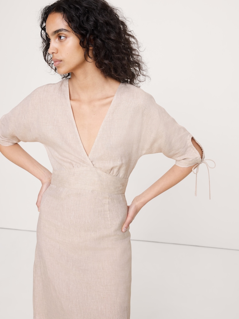Linen Tie-Sleeve Midi Dress
