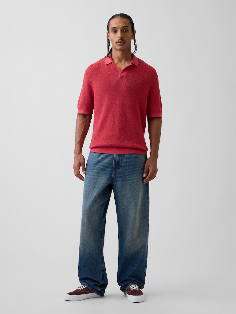 Linen-Blend Camp Polo Sweater Shirt