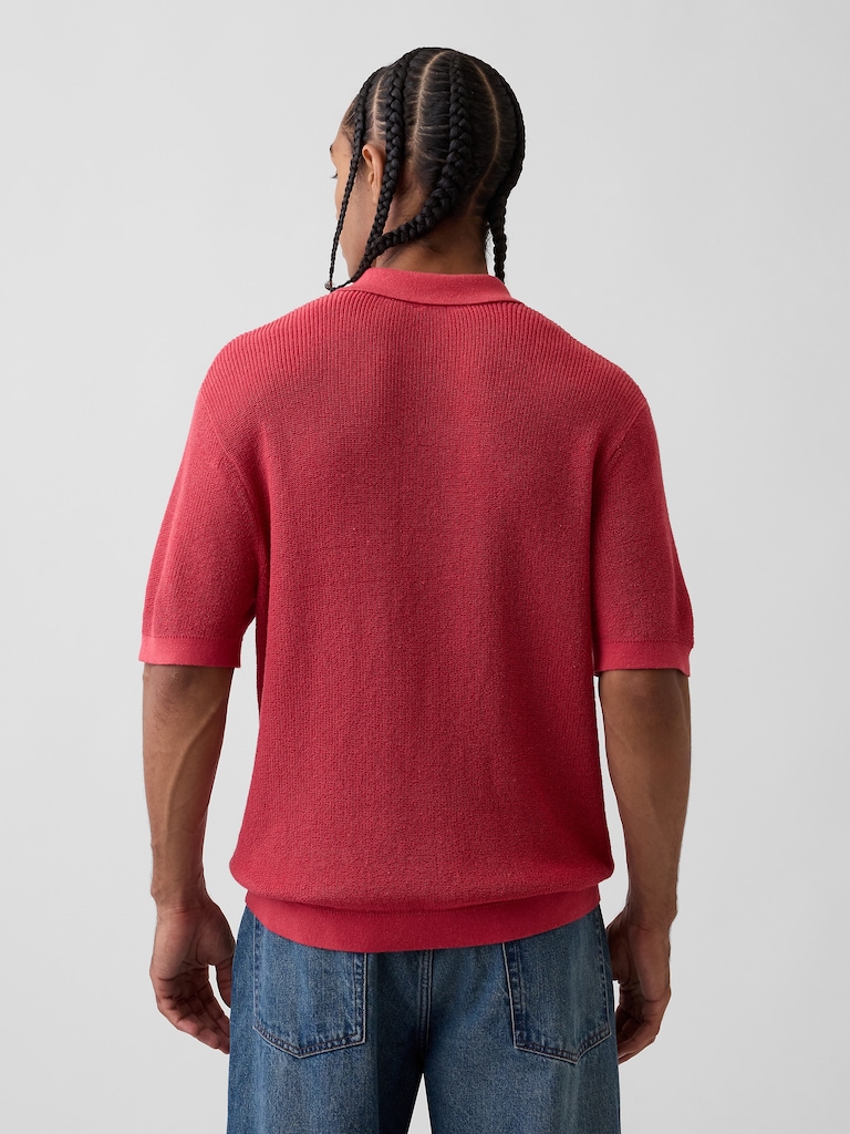 Linen-Blend Camp Polo Sweater Shirt