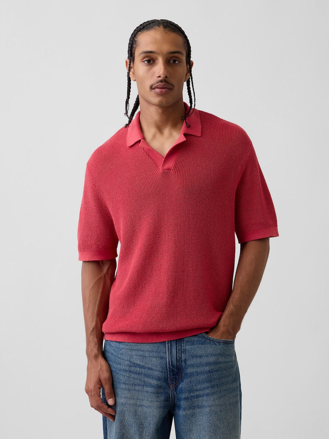 Linen-Blend Camp Polo Sweater Shirt