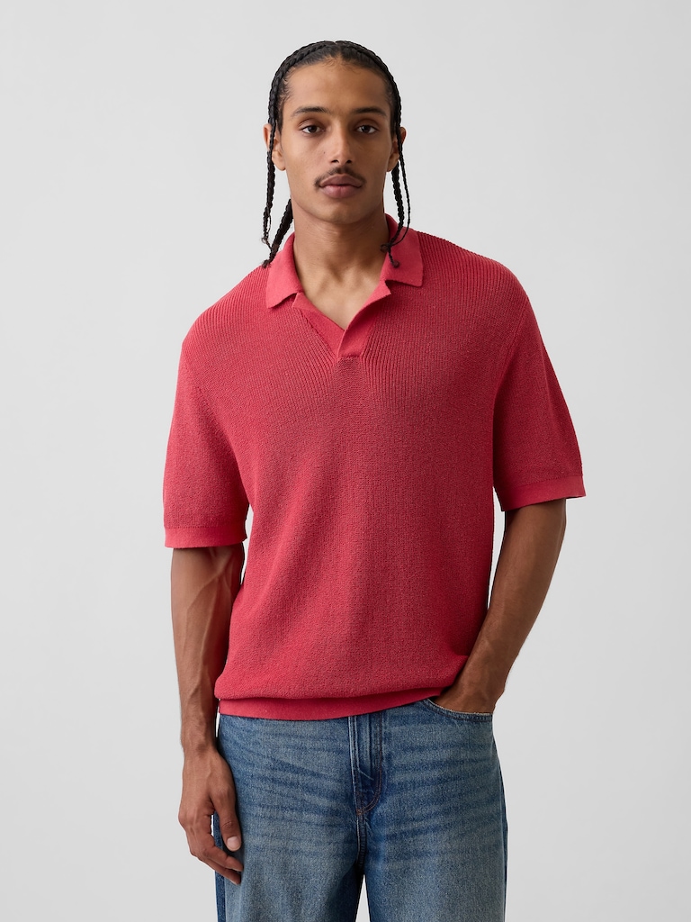 Linen-Blend Camp Polo Sweater Shirt