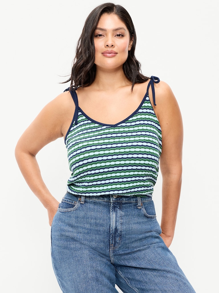 Sleeveless Pointelle Tie-Strap Tank Top