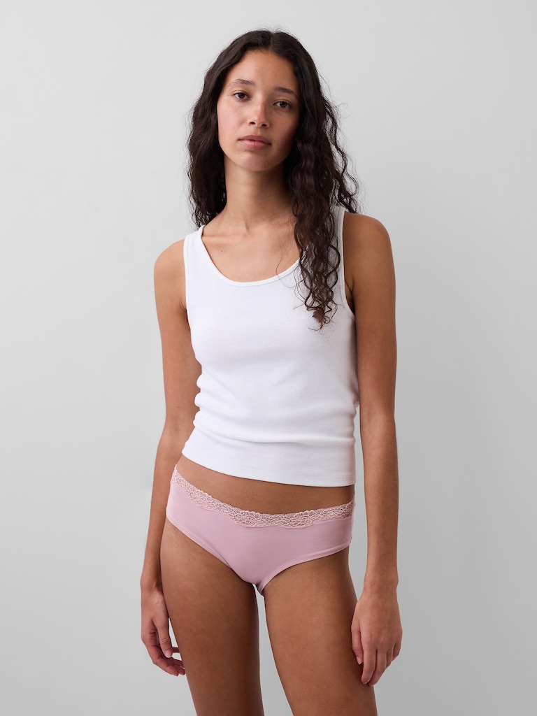 Culotte taille basse en coton biologique extensible à bordure en dentelle