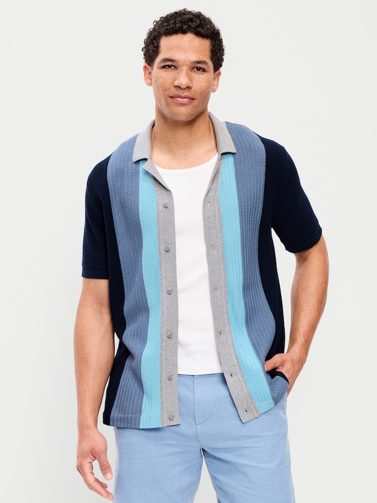 Short-Sleeve Striped Camp Sweater Shirt