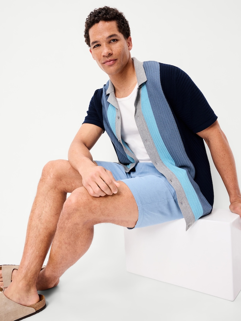 Short-Sleeve Striped Camp Sweater Shirt