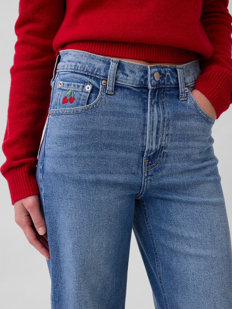 High Rise Stride Heart Pocket Wide-Leg Jeans