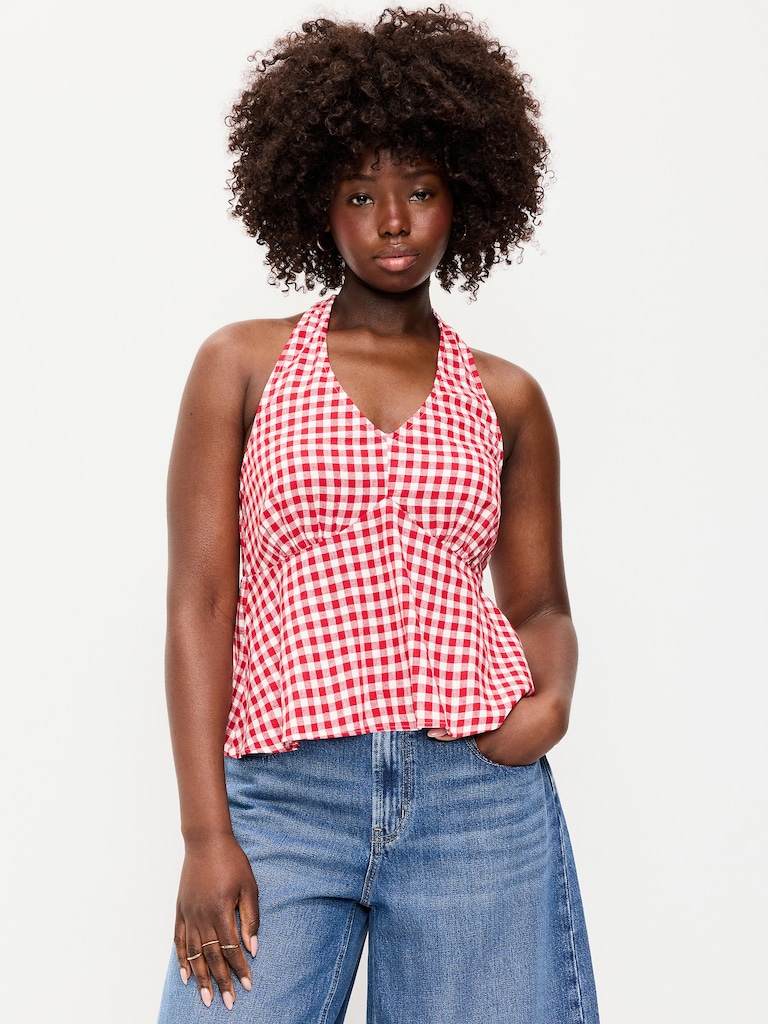Linen-Blend V-Neck Halter Top