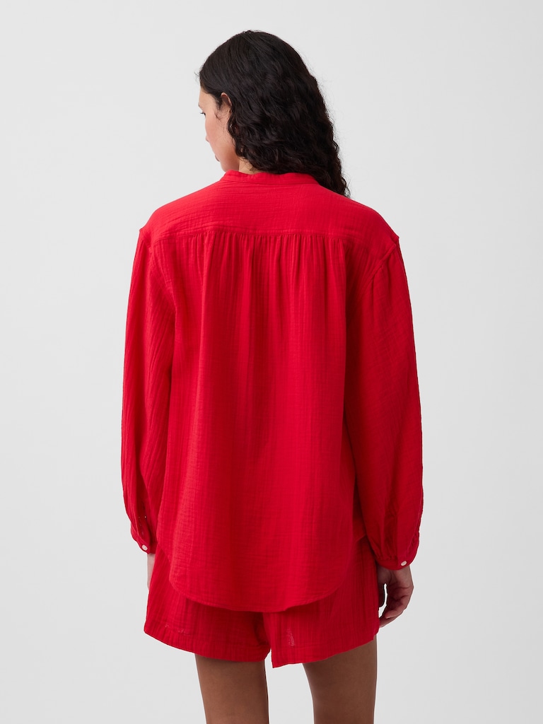 Cotton Gauze Oversized Collarless Shirt