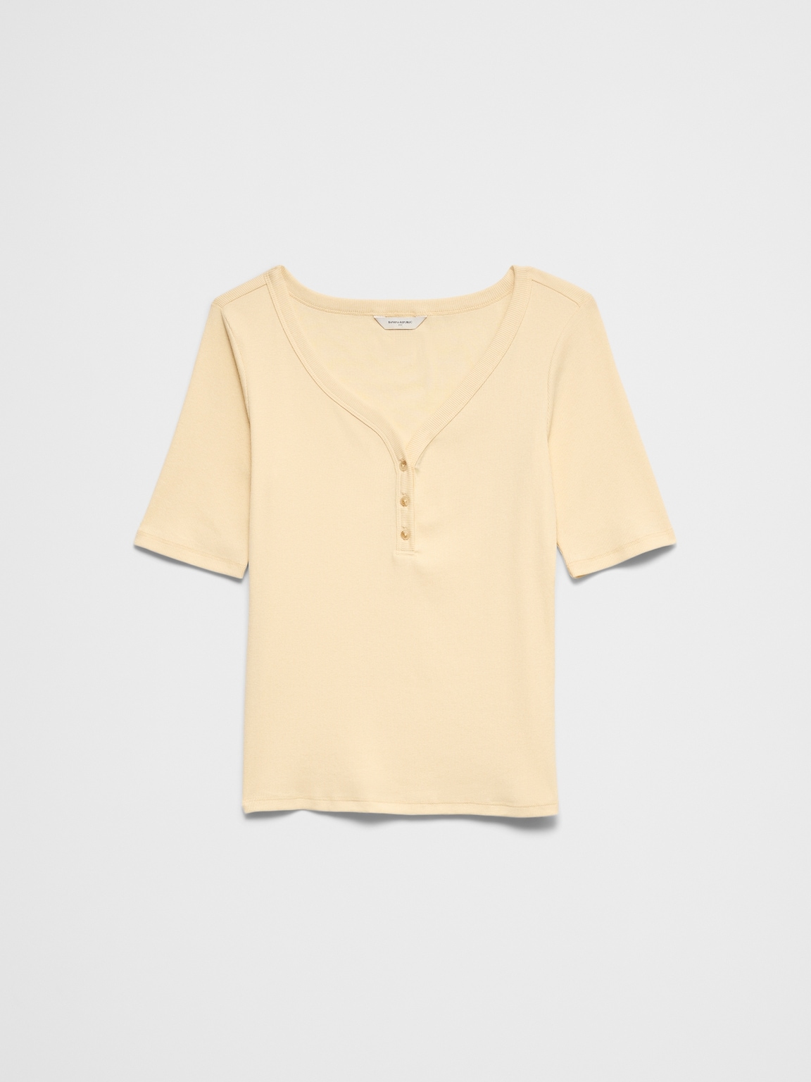 Ribbed Elbow-Sleeve Henley T-Shirt