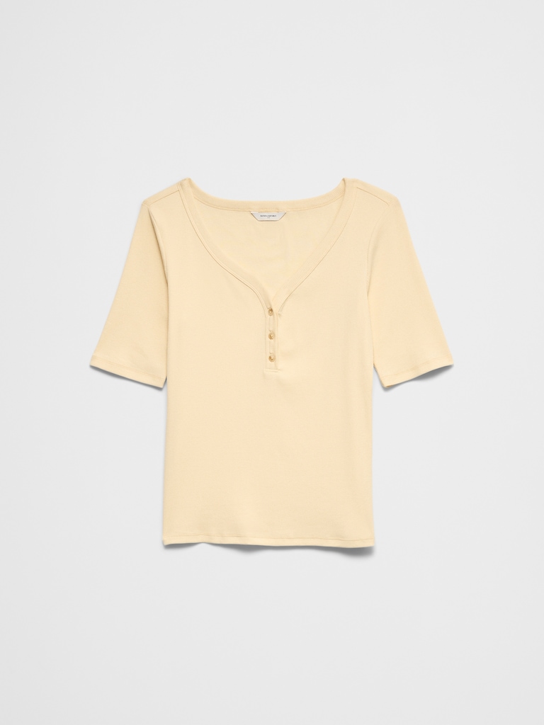 Ribbed Elbow-Sleeve Henley T-Shirt