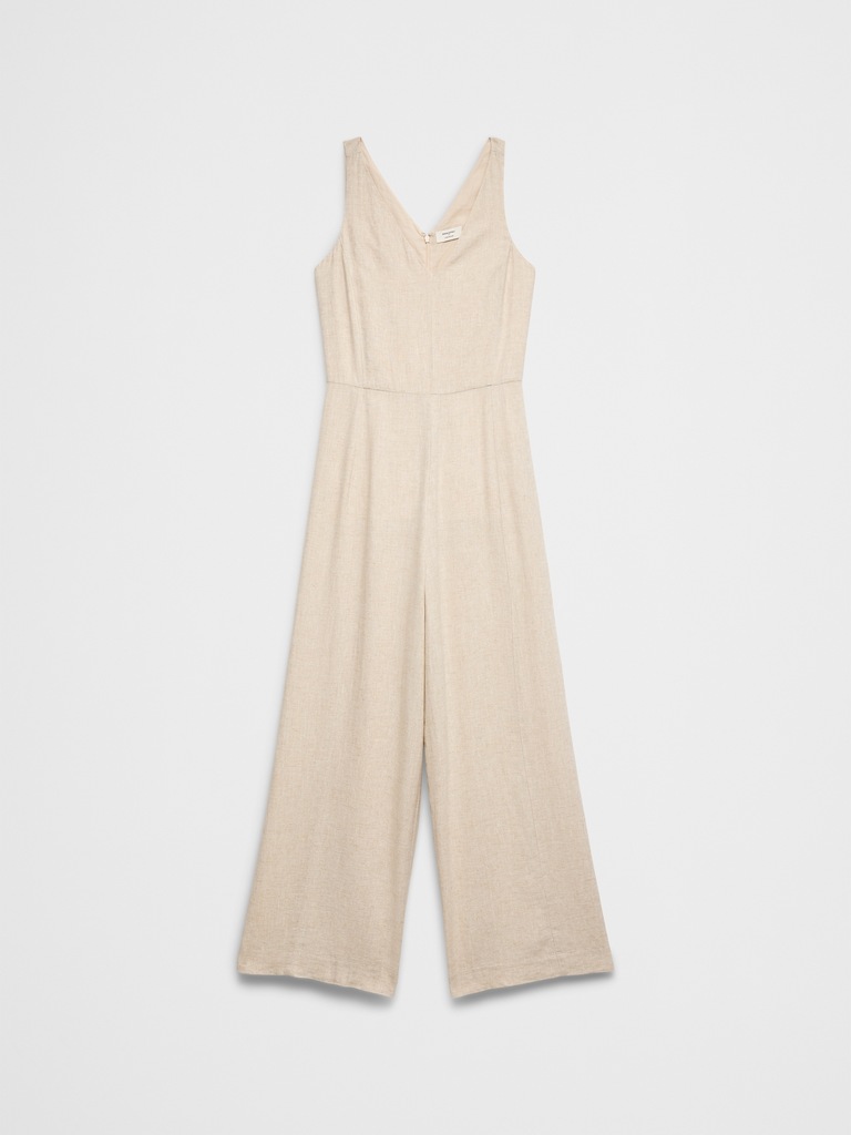 Linen-Blend Vee-Neck Jumpsuit