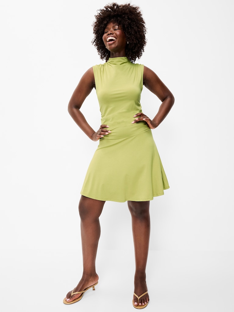 Gathered Mock-Neck Drop-Waist Mini Dress