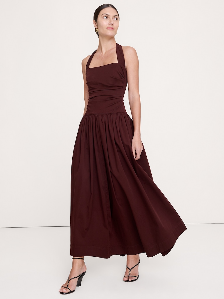 Stretch-Cotton Halter Maxi Dress