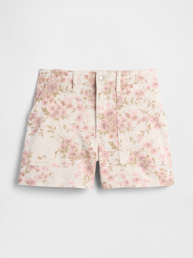 4" Mid Rise Print Denim Utility Shorts