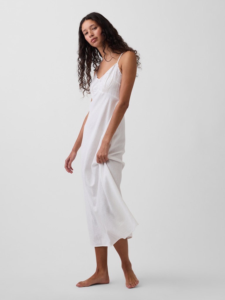 Linen-Blend Embroidered PJ Cami Midi Dress