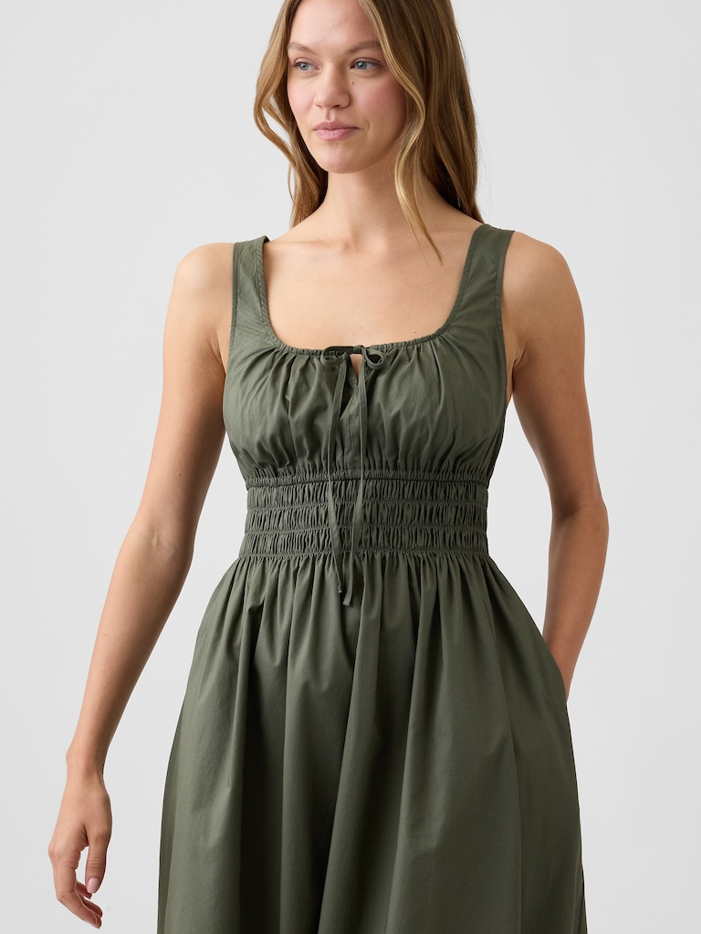 Smocked Tie-Front Midi Dress