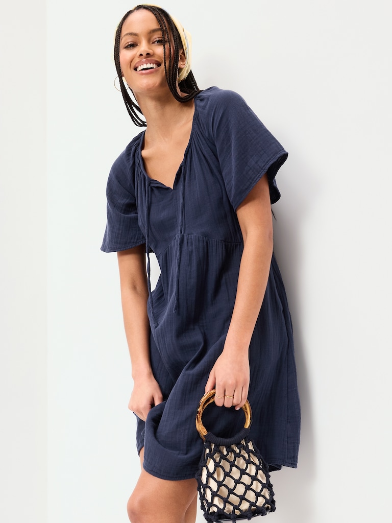 Crinkle Gauze Flutter-Sleeve Mini Swing Dress