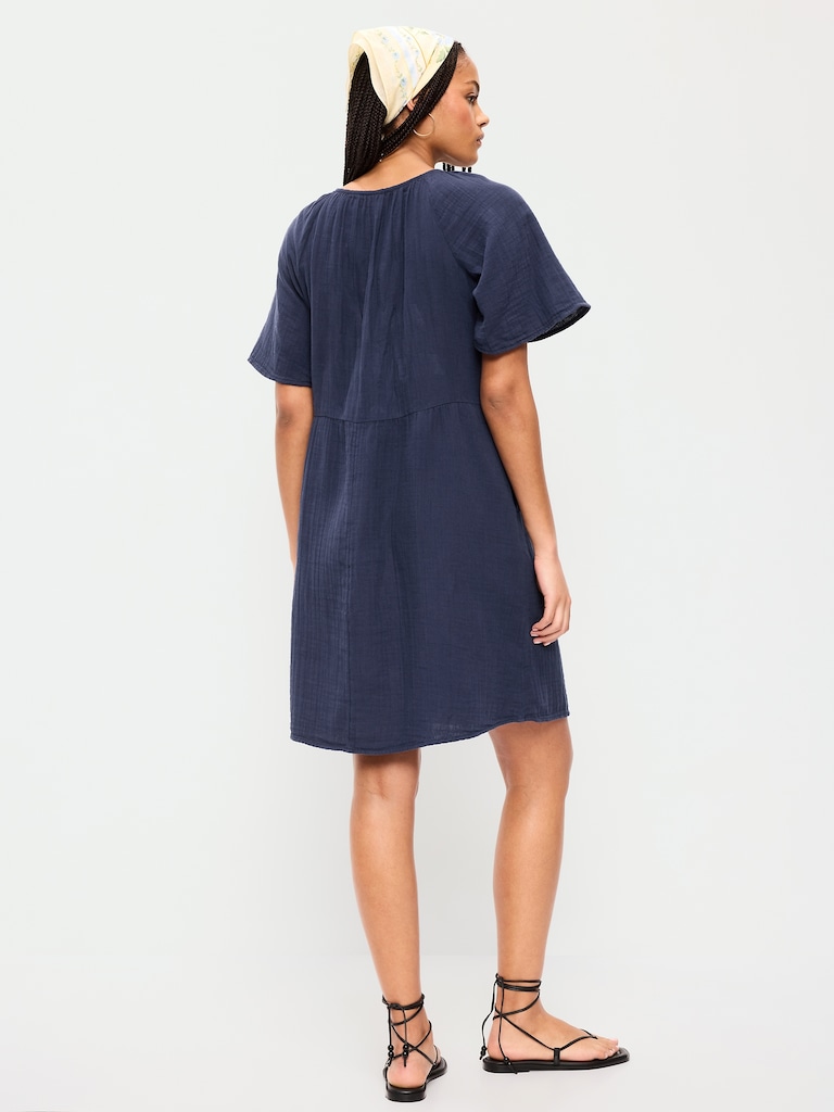 Crinkle Gauze Flutter-Sleeve Mini Swing Dress