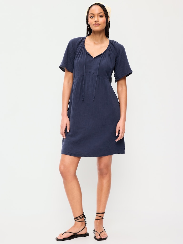 Crinkle Gauze Flutter-Sleeve Mini Swing Dress