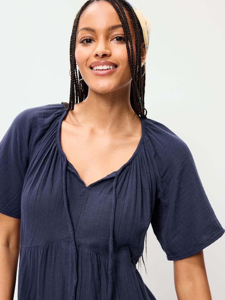 Crinkle Gauze Flutter-Sleeve Mini Swing Dress