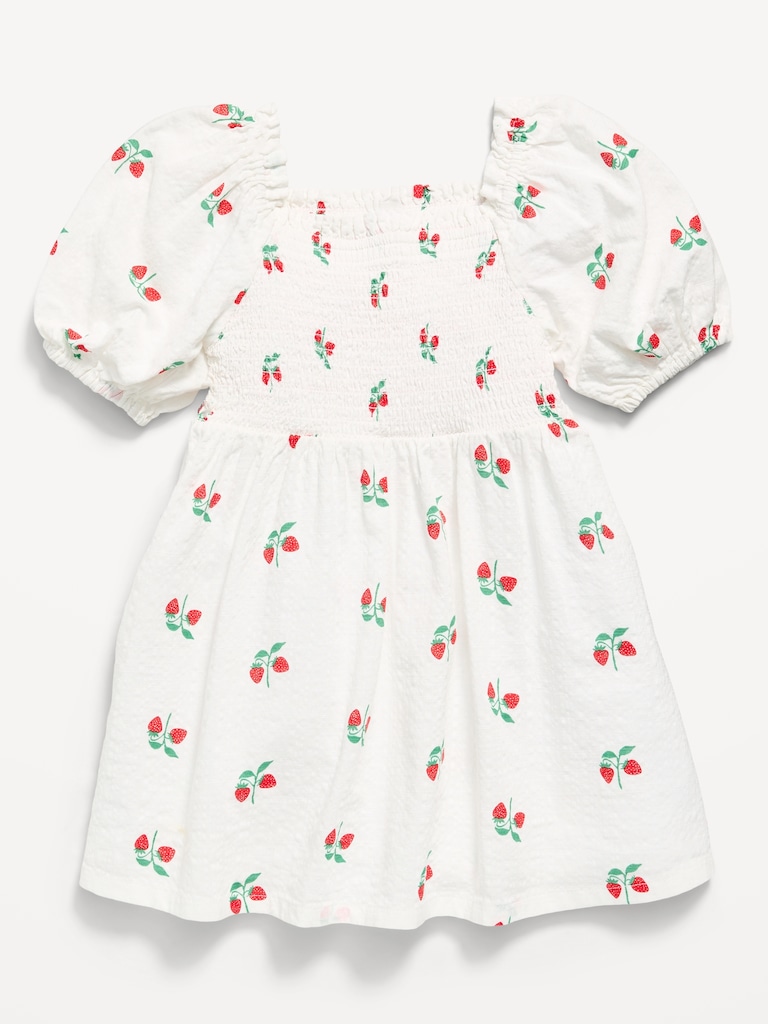 Printed Fit and Flare Puff-Sleeve Smocked Dress for Toddler Girls