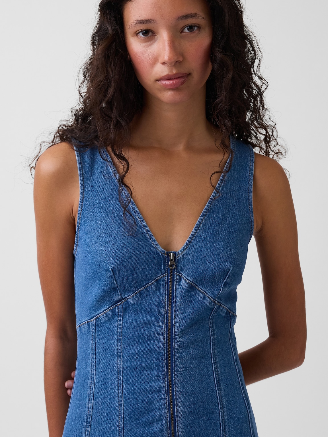 Denim Zip-Front Midi Dress