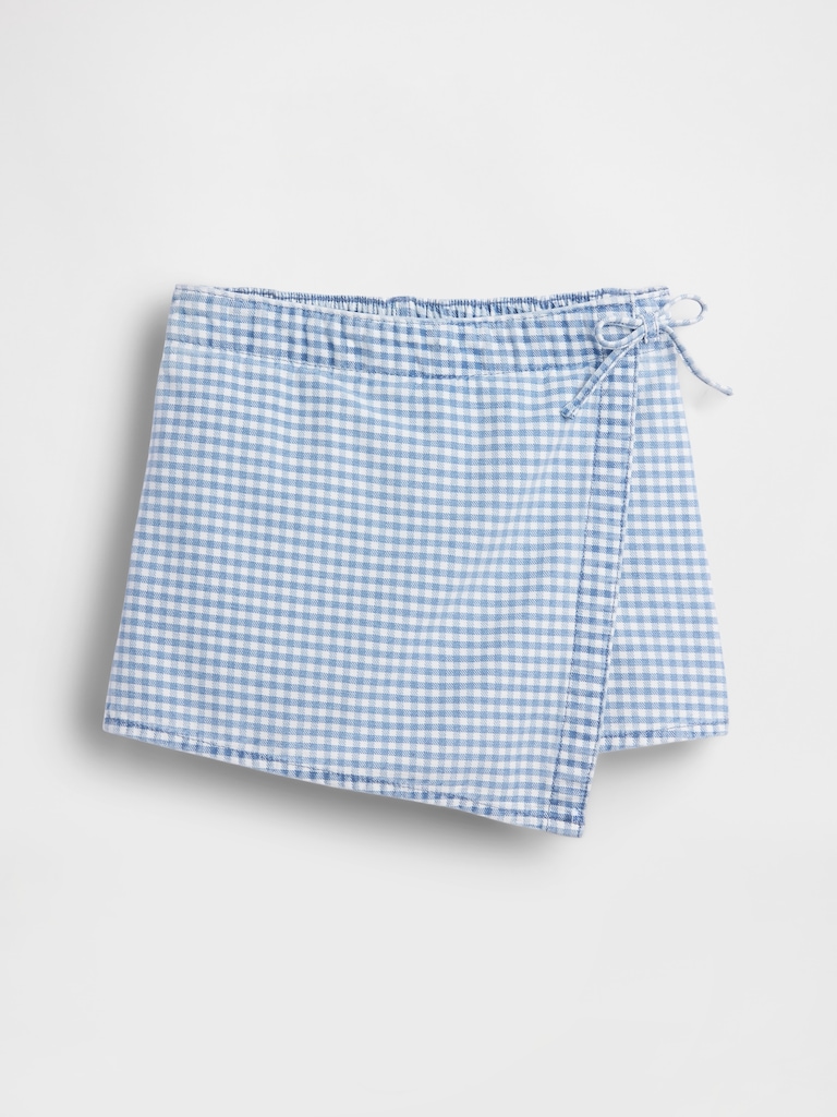 Kids Gingham Denim Wrap-Front Mini Skort