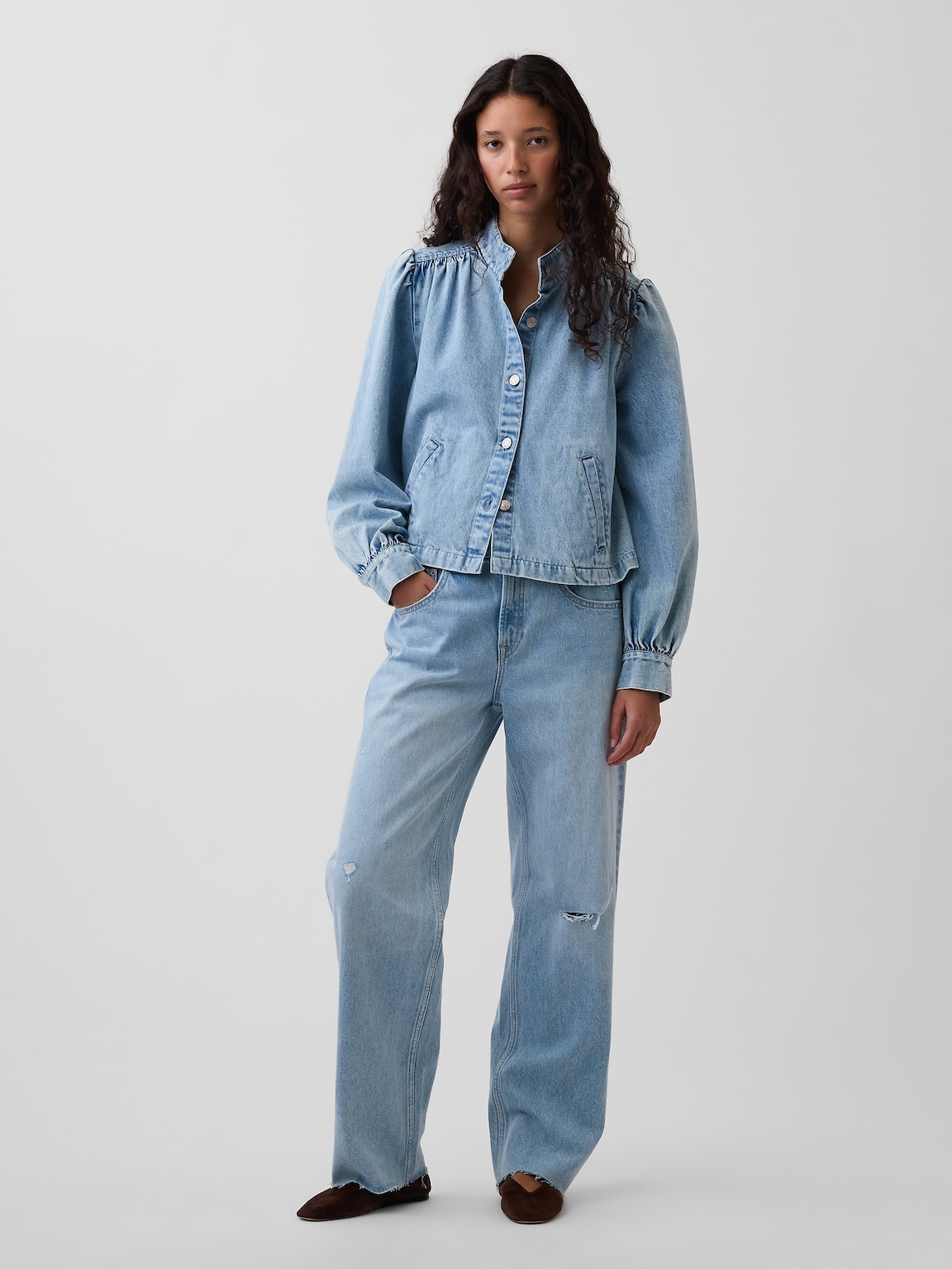 Denim Balloon-Sleeve Crop Swing Jacket