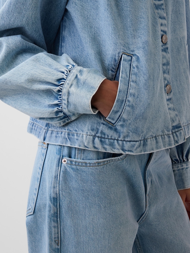 Denim Balloon-Sleeve Crop Swing Jacket