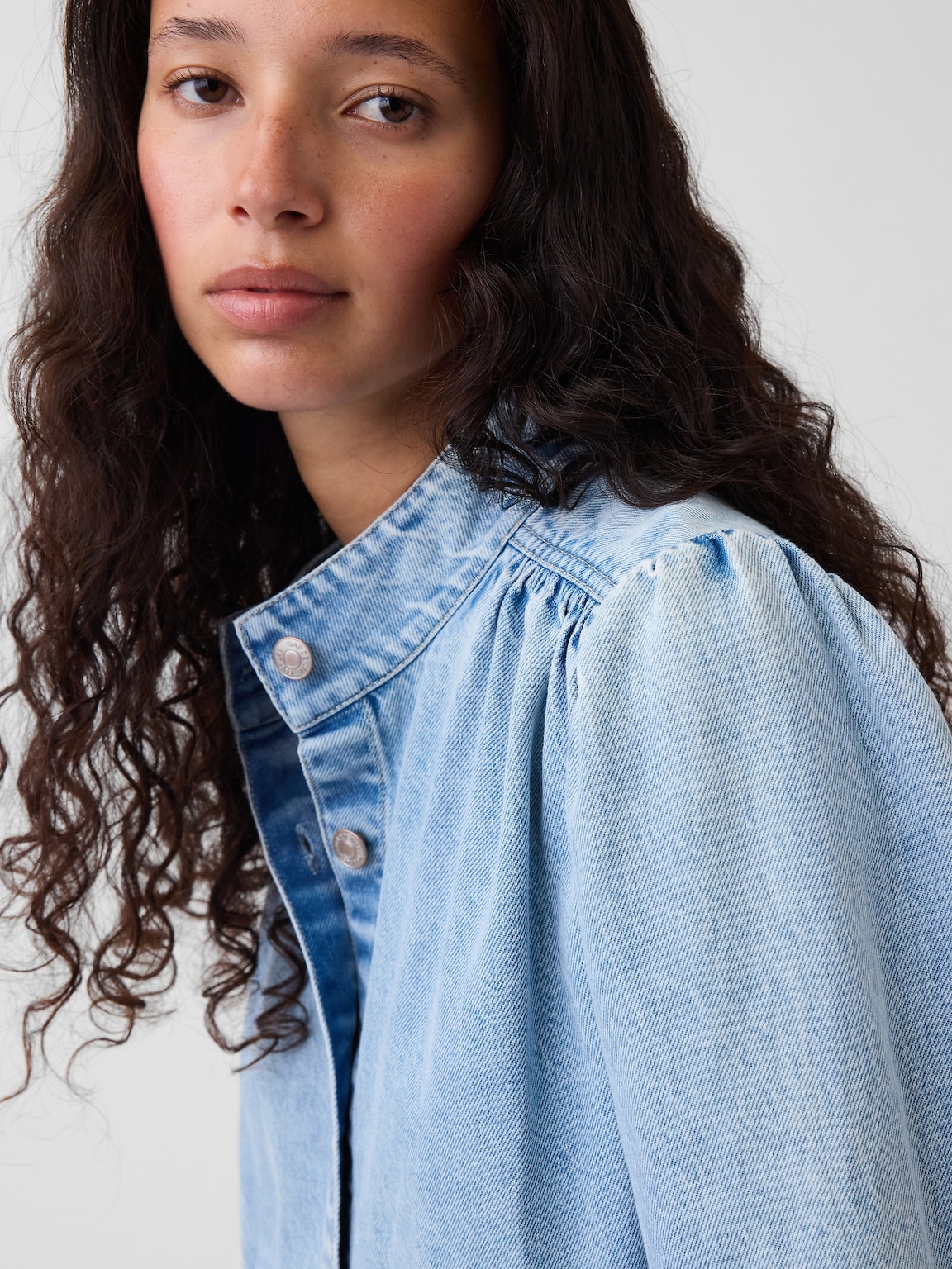 Denim Balloon-Sleeve Crop Swing Jacket